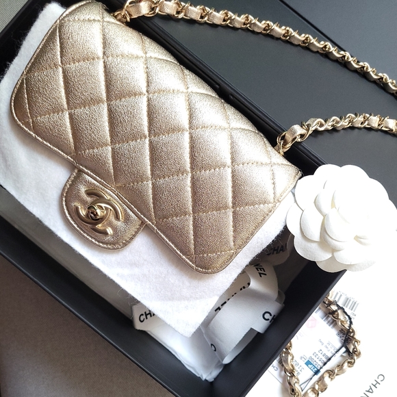 *Sold* BNWT Rare Chanel Classic Mini Square Crossbody Iridescent Metallic Gold - Picture 5 of 6